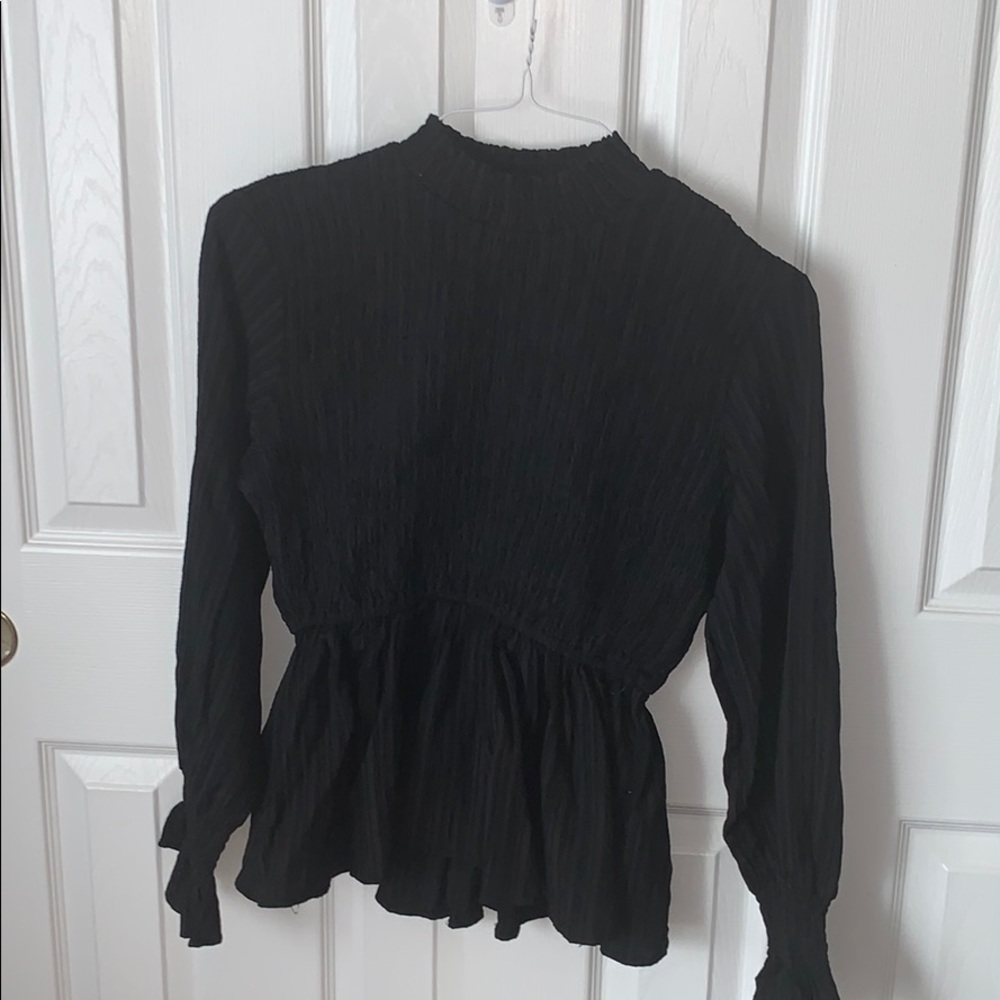 Black Ribbed Peplum Long Sleeved Blouse + SH